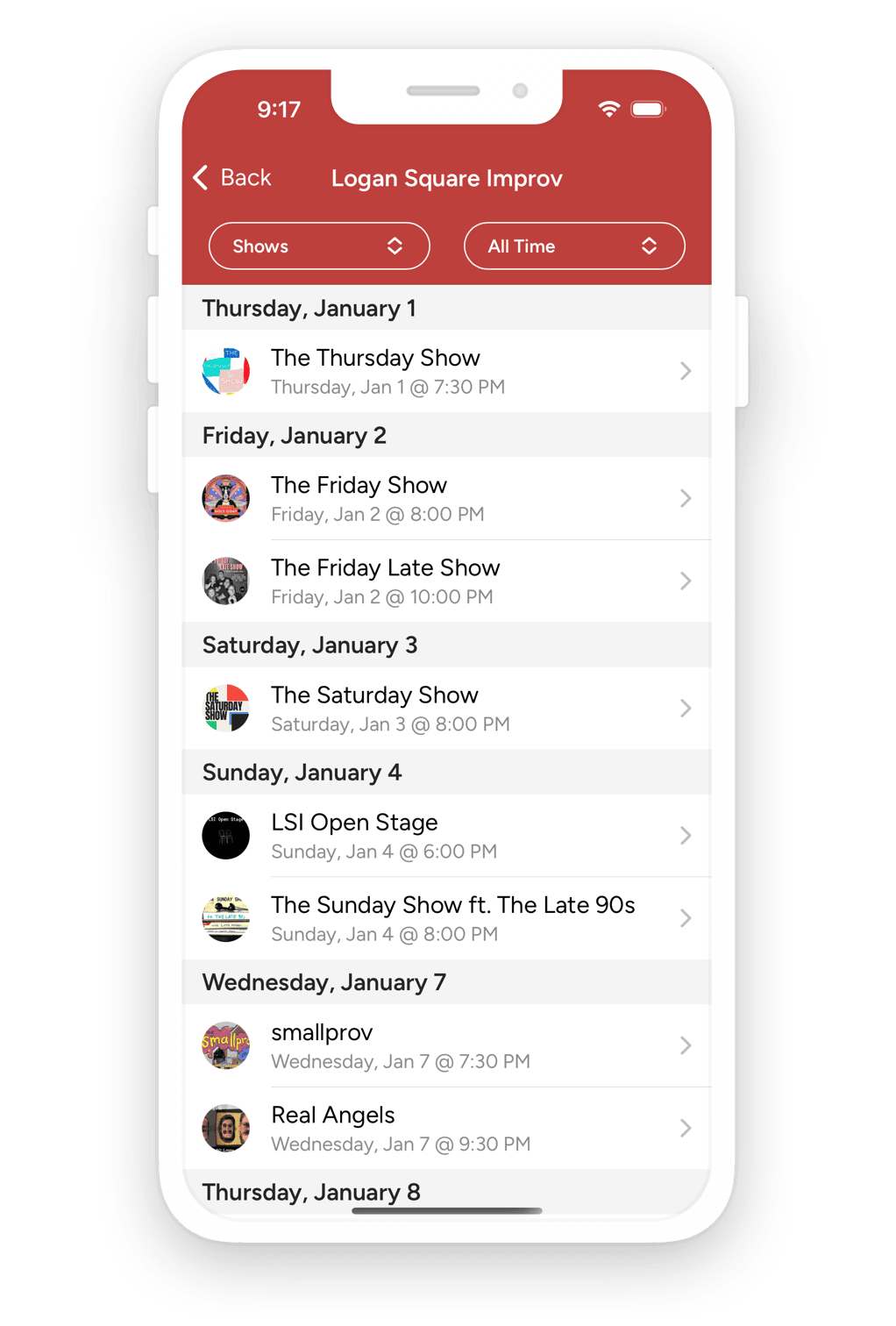 Improv Tonight app - Shows